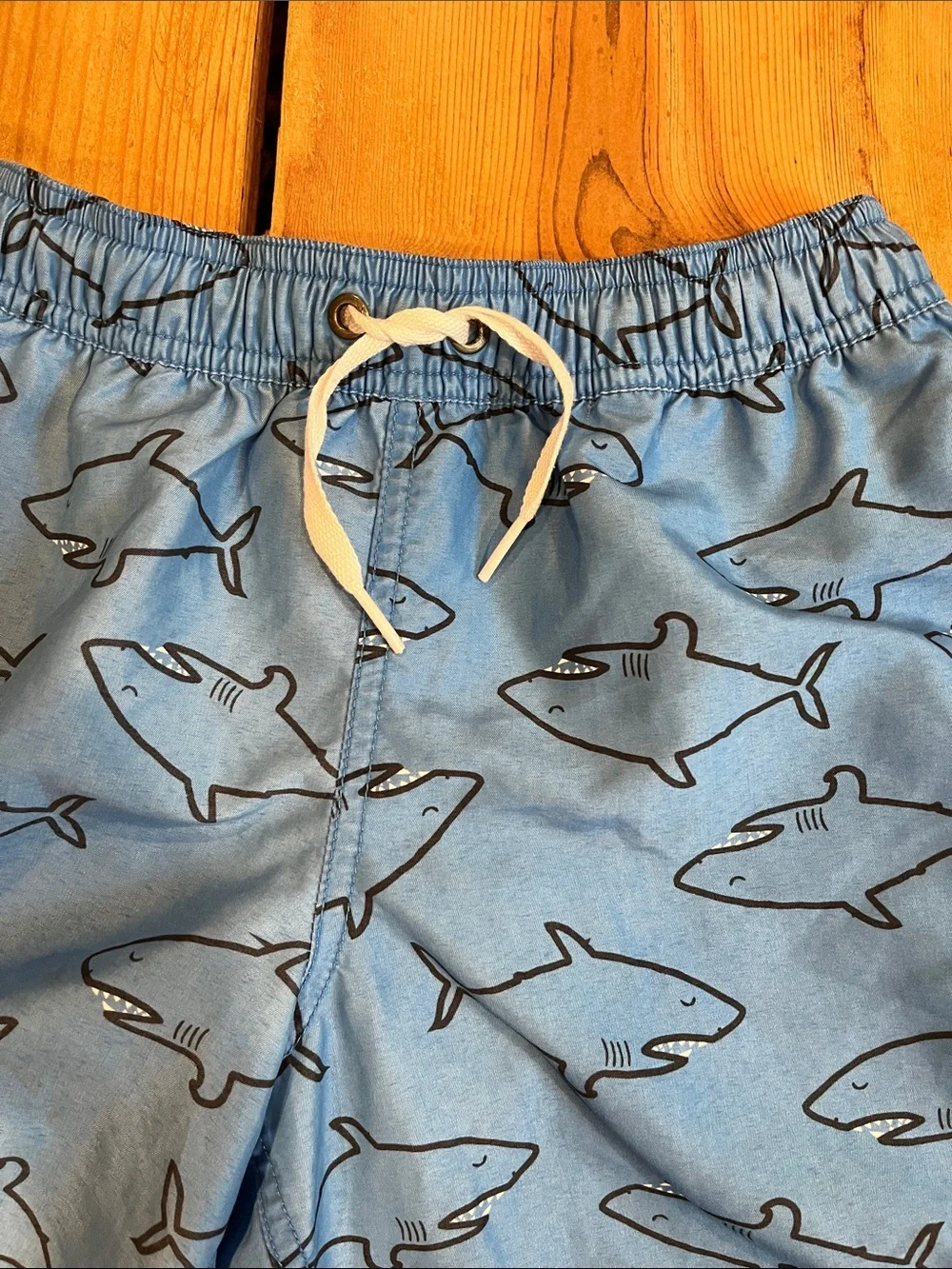 HANNA ANDERSSON 130 Blue Shark Print Swimming Trunks Long Fit Lined